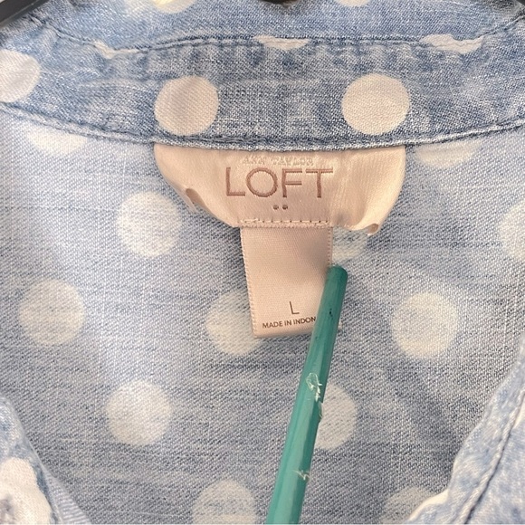 Loft Womens Blue & White Polka Dot Top Shirt Sz L Button Front Long Sleeve - Picture 8 of 10